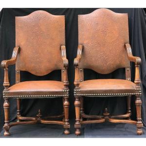 Pair Of Louis XIII Style Armchairs In Walnut And Cordoba Leather, XIXth Century