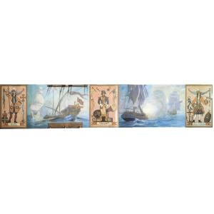 Marine Wall Fresco From The 1950s Dune Naval Battle Under Louis XV