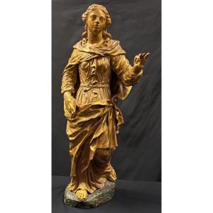 17th Century Sculpture In Golden Wood Representing Sainte-catherine