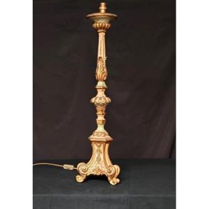 Candlestick In Turned And Carved Polychrome And Gilded Wood On An Almond Green Background Late 18th Century