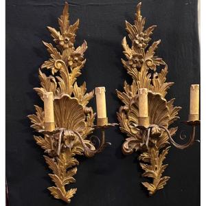 Pair Of 19th Century Rocaille Style Golden Wood Sconces With 2 Lights