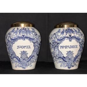 Pair Of Delft Earthenware Tobacco Pots In Ovoid Shape With Blue Decor