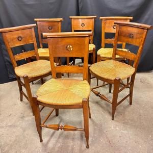 Suite Of Six Straw Chairs In Cherry Wood, Directoire Style, Provençal Work