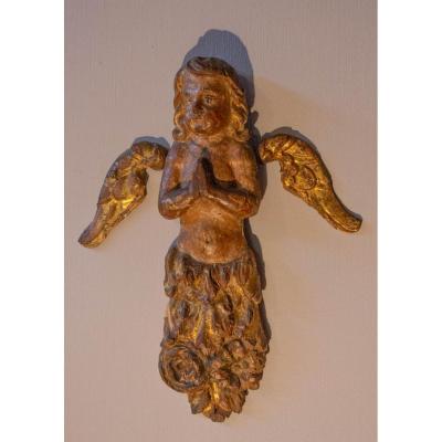 Angelot XVIIème, En Bois Sculpté Polychrome Et Doré, En Oraison