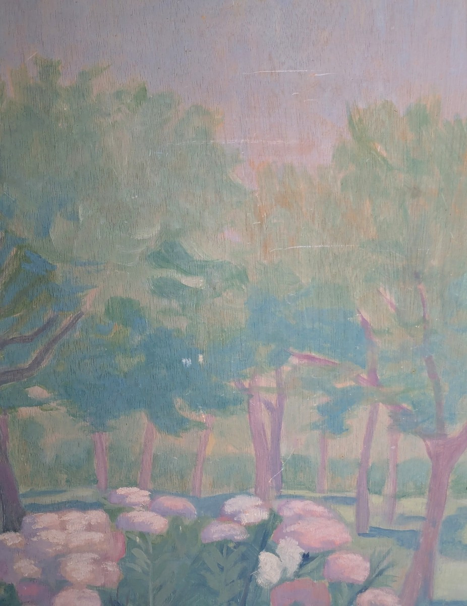Tableau"  Les hortensias" , huile sur panneau début 20 ème.-photo-1