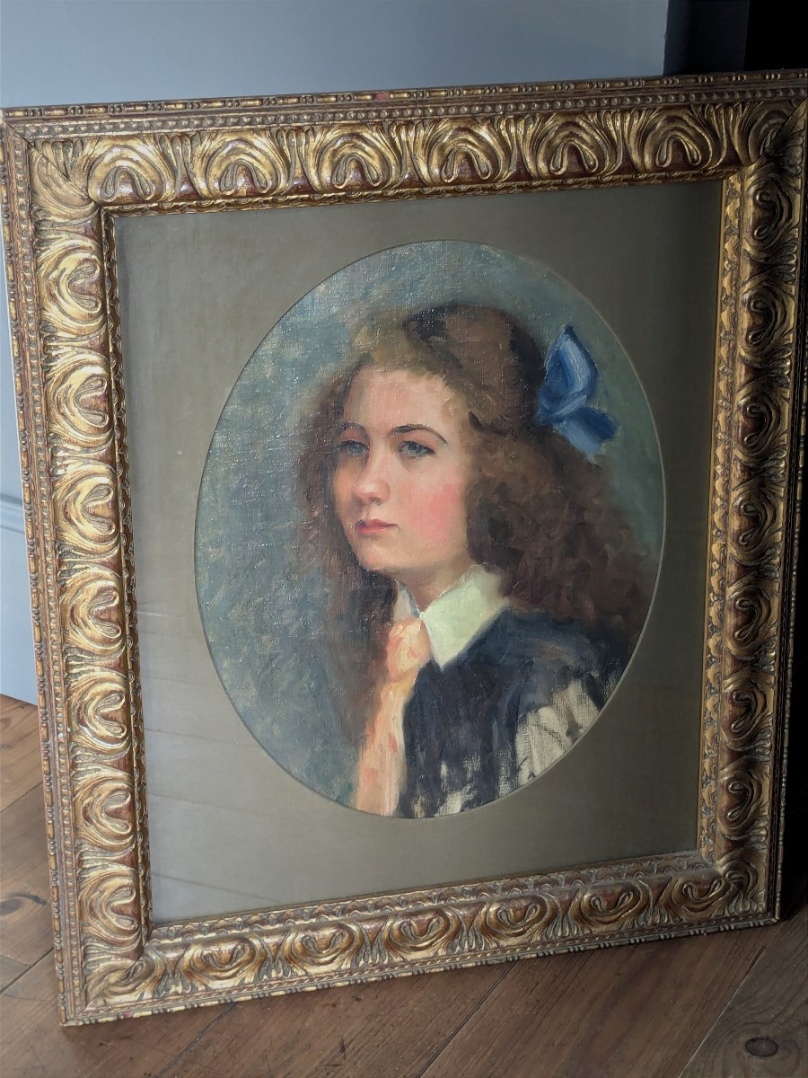 Huile sur toile 19 ème  " La jeune fille au ruban " -photo-2