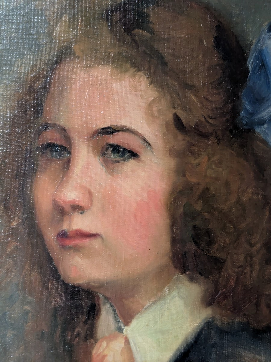 Huile sur toile 19 ème  " La jeune fille au ruban " -photo-3