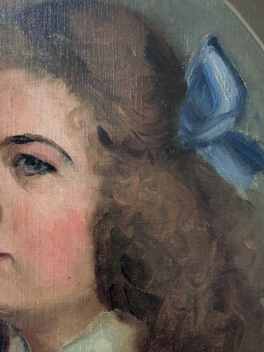 Huile sur toile 19 ème  " La jeune fille au ruban " -photo-4