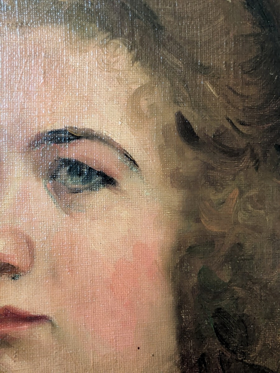 Huile sur toile 19 ème  " La jeune fille au ruban " -photo-1