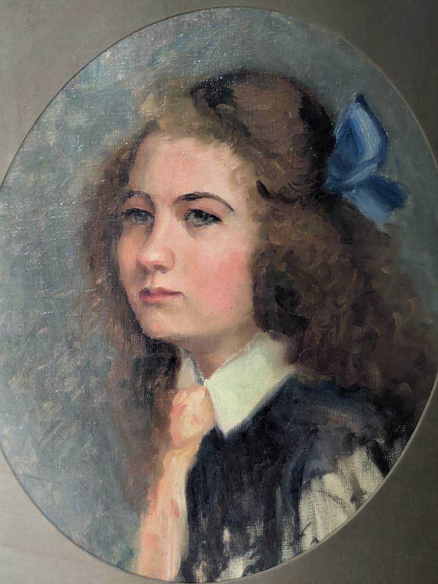 Huile sur toile 19 ème  " La jeune fille au ruban " 