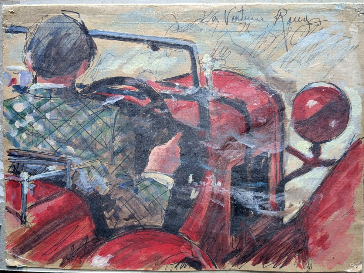 Gouache sur papier " La voiture rouge"-photo-2