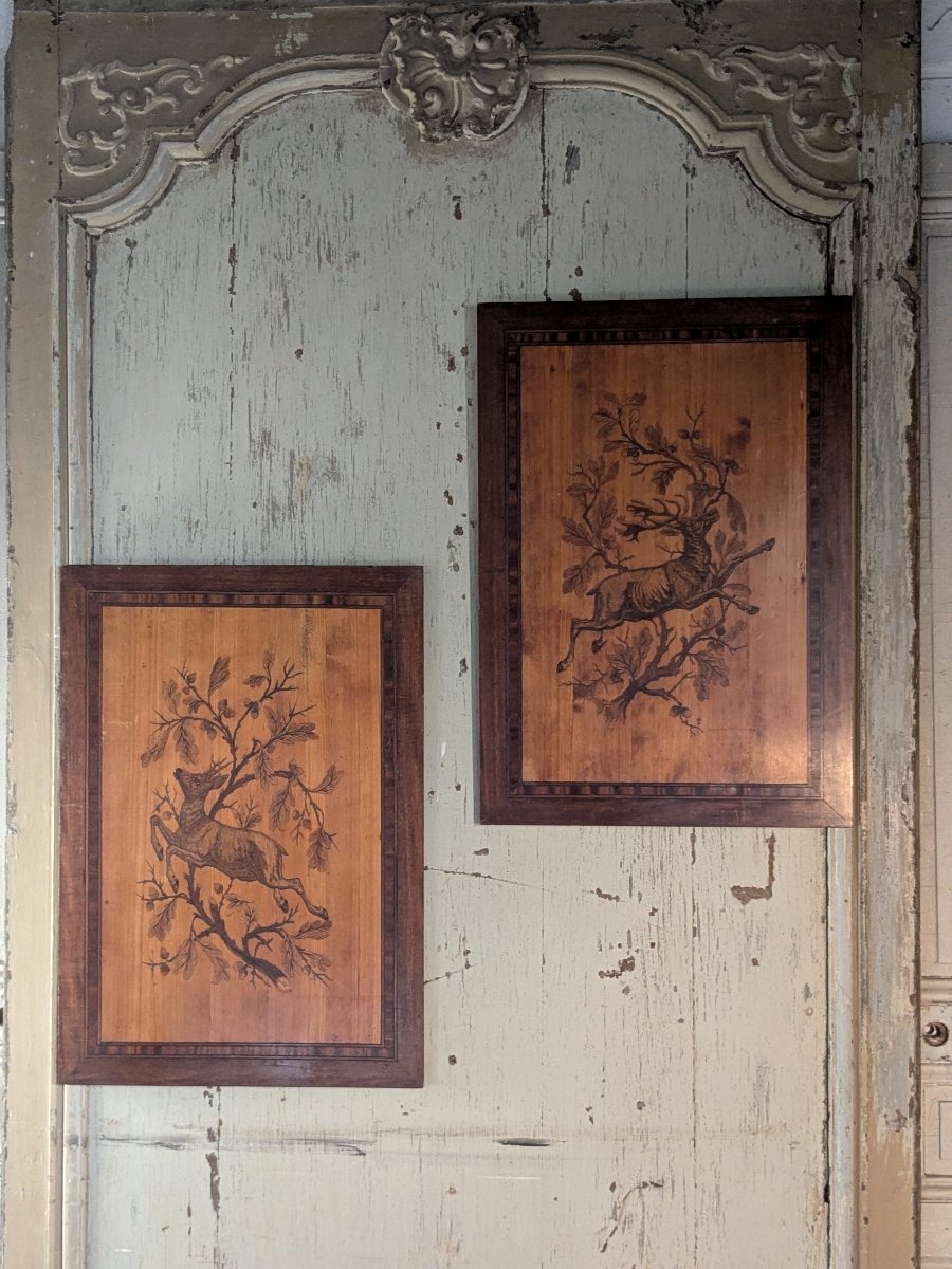 Paire de grands panneaux marquetés, 19 ème siècle 