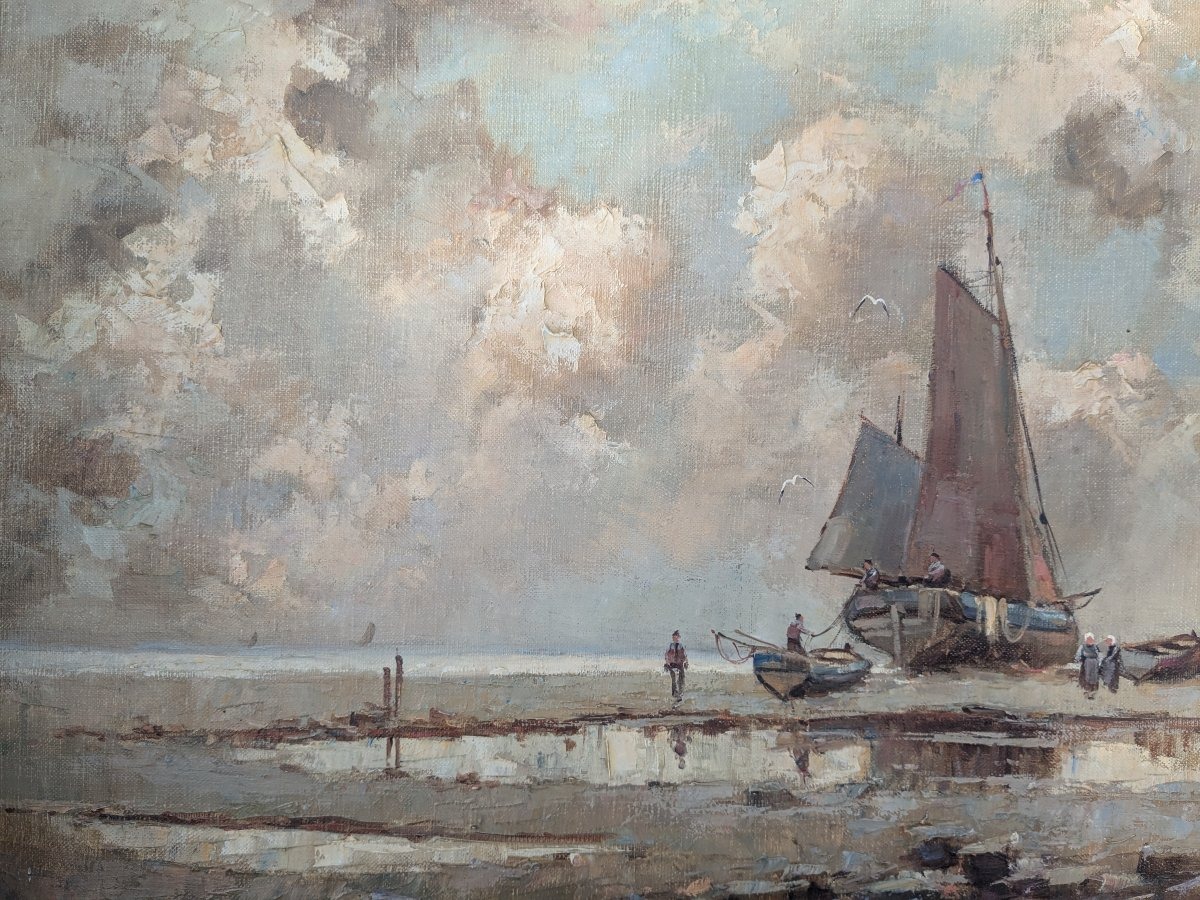 Early 20th Century Seascape, Oil On Canvas Signed By Albert Hirtz -photo-2