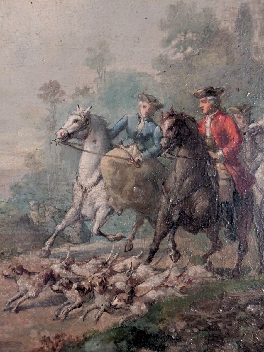 Tableau " La chasse à courre" huile sur panneau, 19 ème siècle.-photo-2