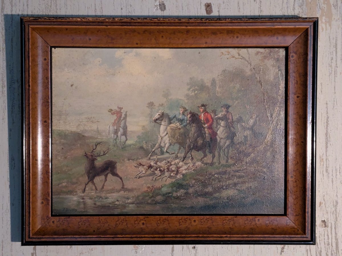 Tableau " La chasse à courre" huile sur panneau, 19 ème siècle.