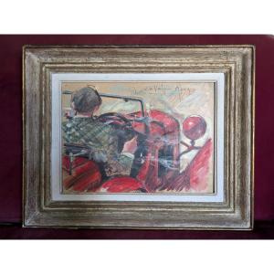 Gouache sur papier " La voiture rouge"