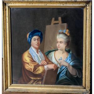 Pastel 19 ème  "Le peintre et son modèle"