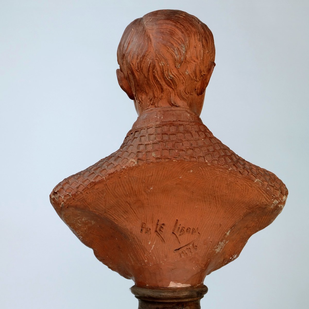 A Terracotta Bust - By Ph. Le Libon - Dated 1876 - On A Wooden Base-photo-2