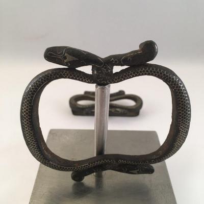 19th Century Java Surakarta Court Iron/silver Inlay Snake Belt - Buckle & Slide