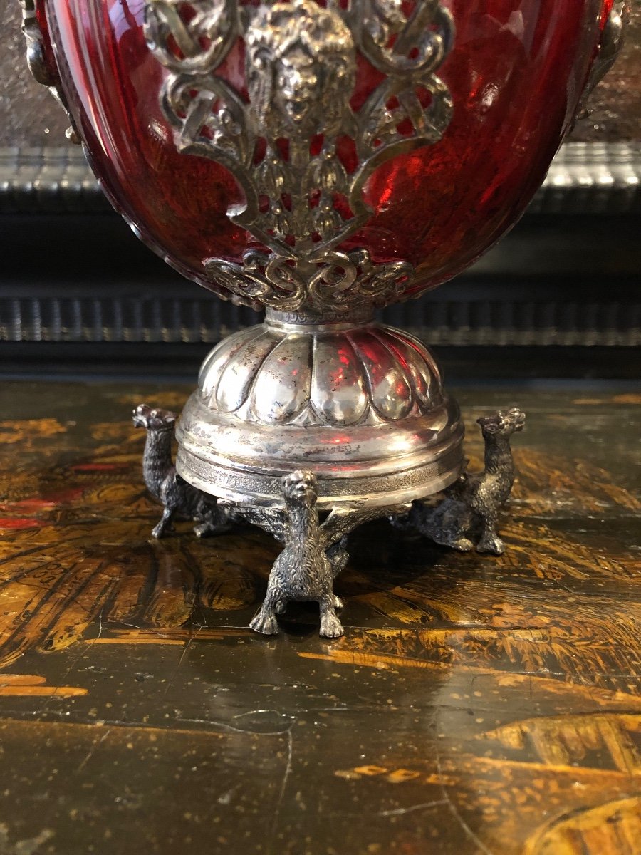 Paire De Bouteilles En Verre Rouge Et Argent-photo-4