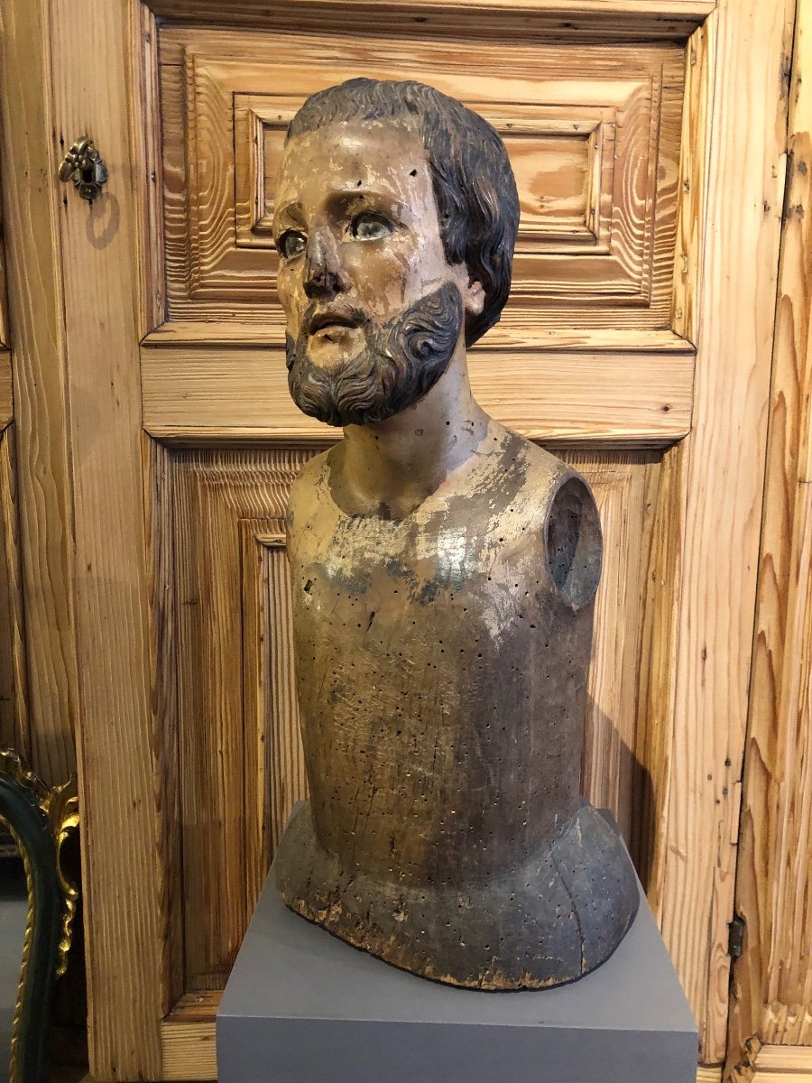 Ancienne Sculpture Bust En Bois Peint -photo-2
