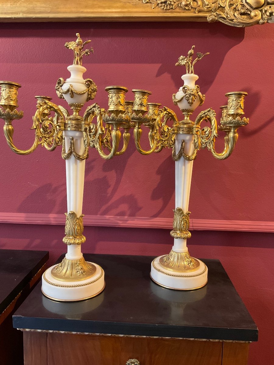 Beautiful Pair Of Candelabra In Marble And Bronze-photo-2