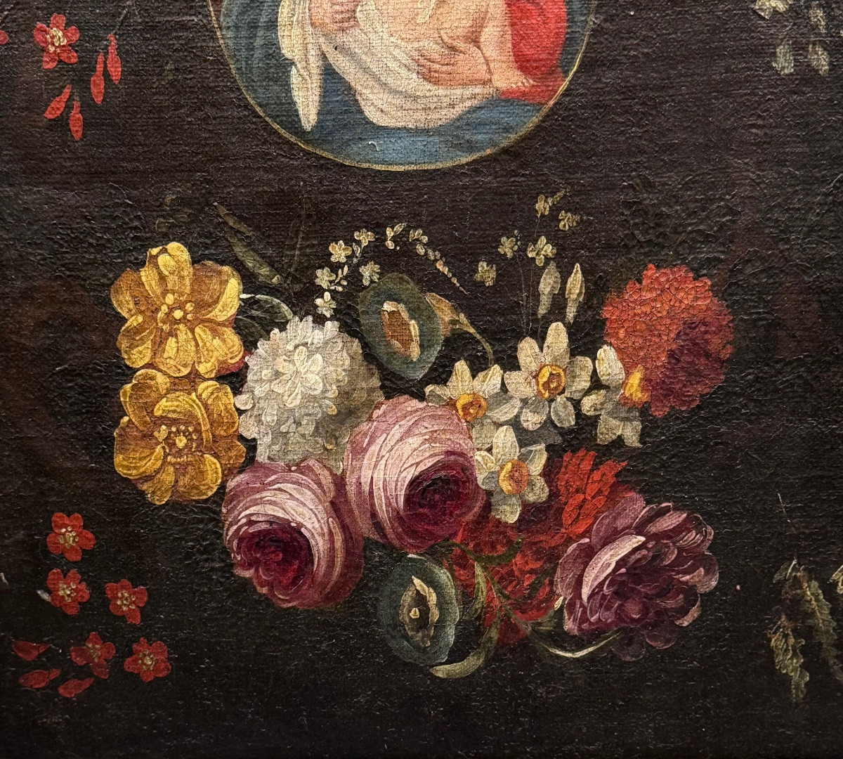 Vierge à l’Enfant dans un médaillon de fleurs 18ème, école italienne.-photo-2