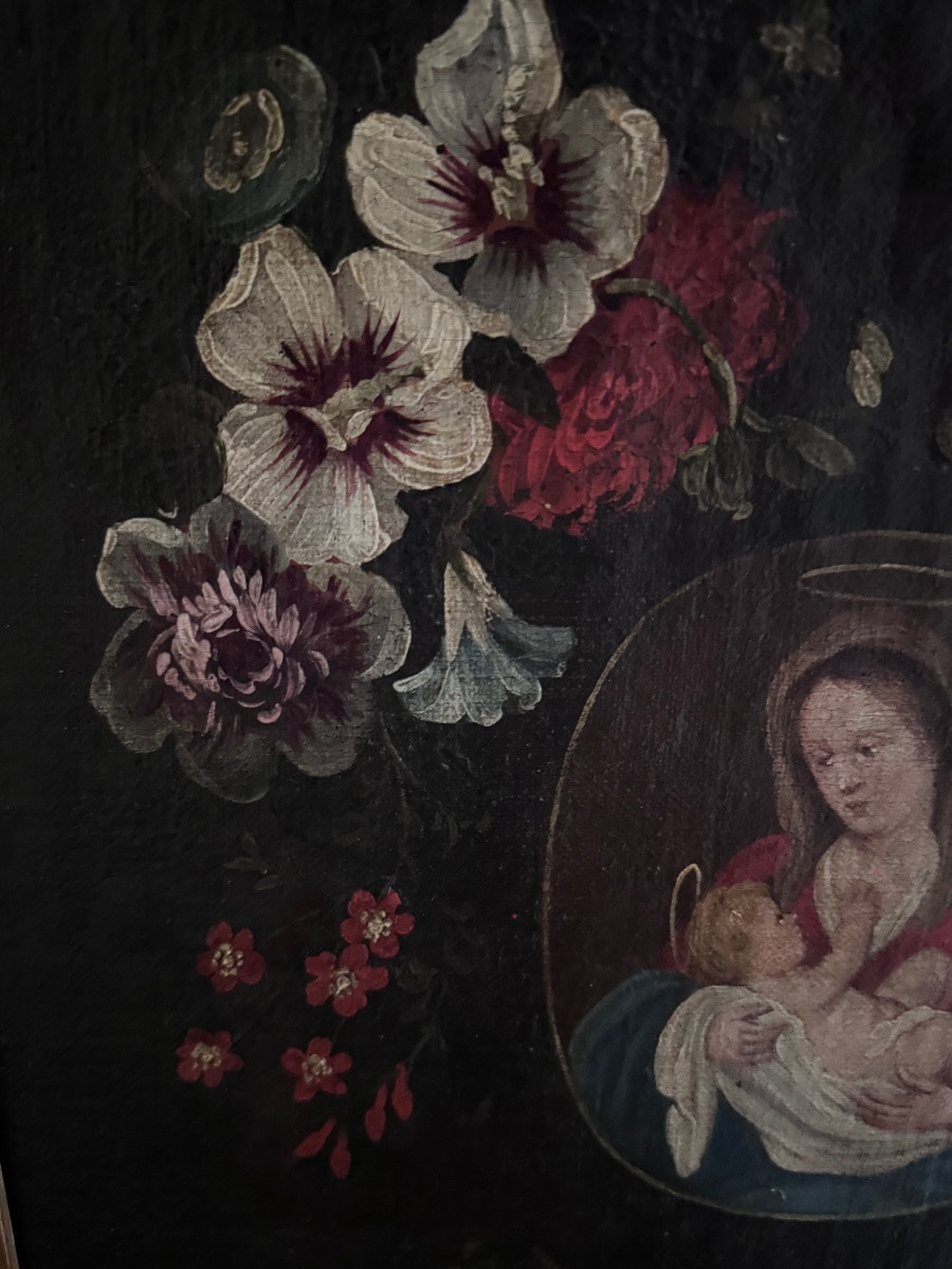 Vierge à l’Enfant dans un médaillon de fleurs 18ème, école italienne.-photo-4