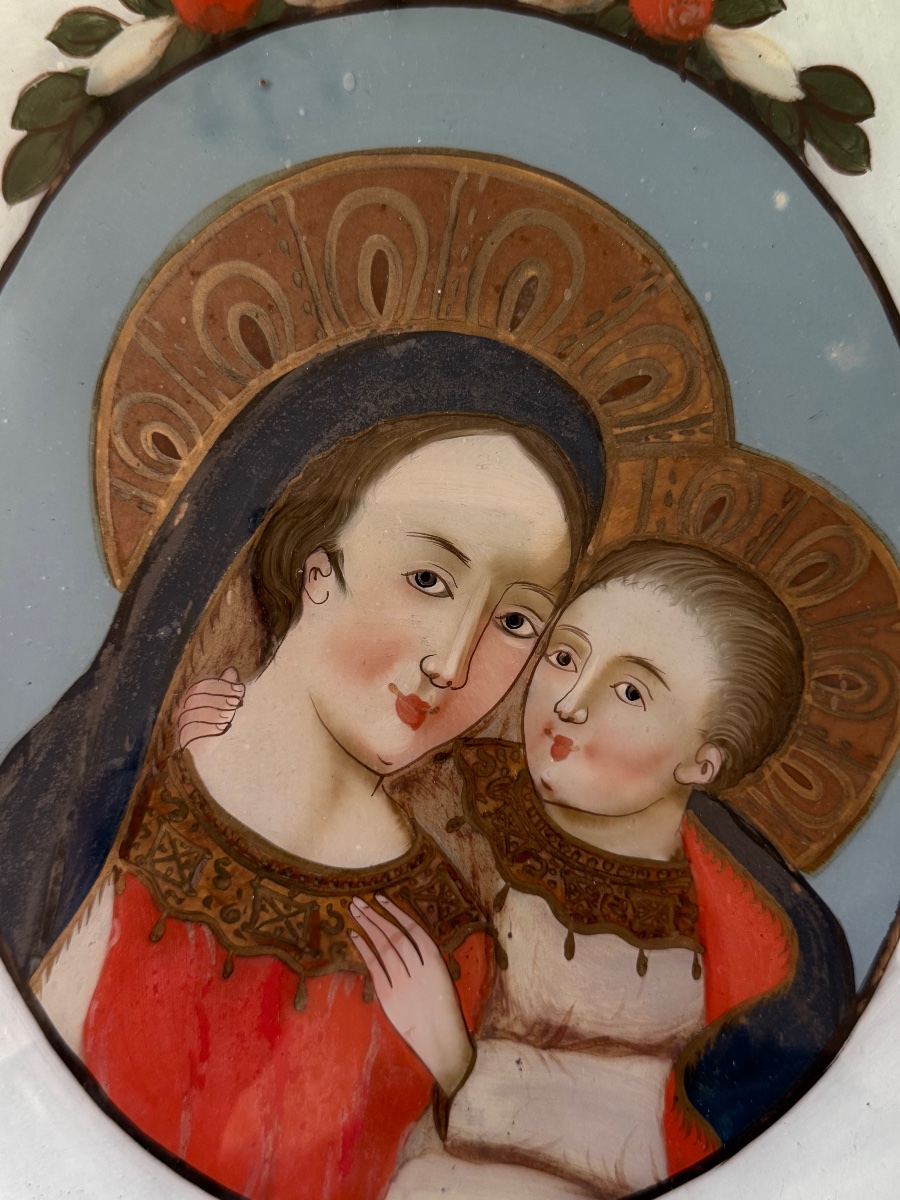 Vierge à l’Enfant , fixé sous verre , fin XVIIIème-photo-4