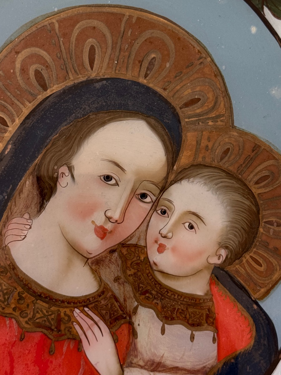 Vierge à l’Enfant , fixé sous verre , fin XVIIIème-photo-1