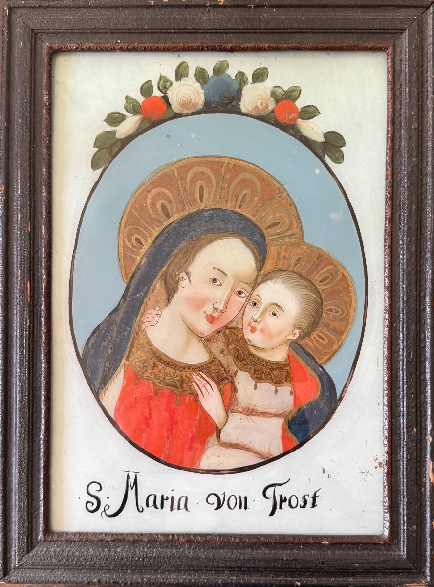 Vierge à l’Enfant , fixé sous verre , fin XVIIIème