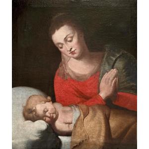 La Vierge et l’enfant endormi suiveur de Rubens 