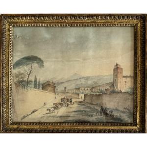 Village italien , aquarelle début 19ème