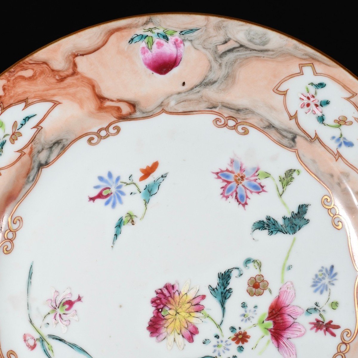 "faux-marbre" Porcelain Plate With Famille Rose Enamels  - China 18th Qianlong Period-photo-2
