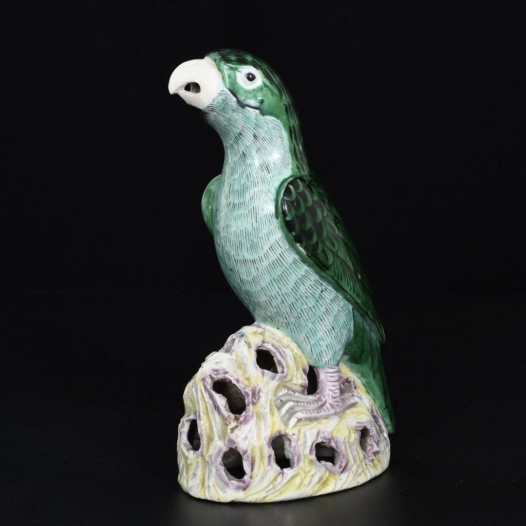 Set Of Two Enameled Porcelain Parrots - China 18th Century Kangxi Period-photo-5