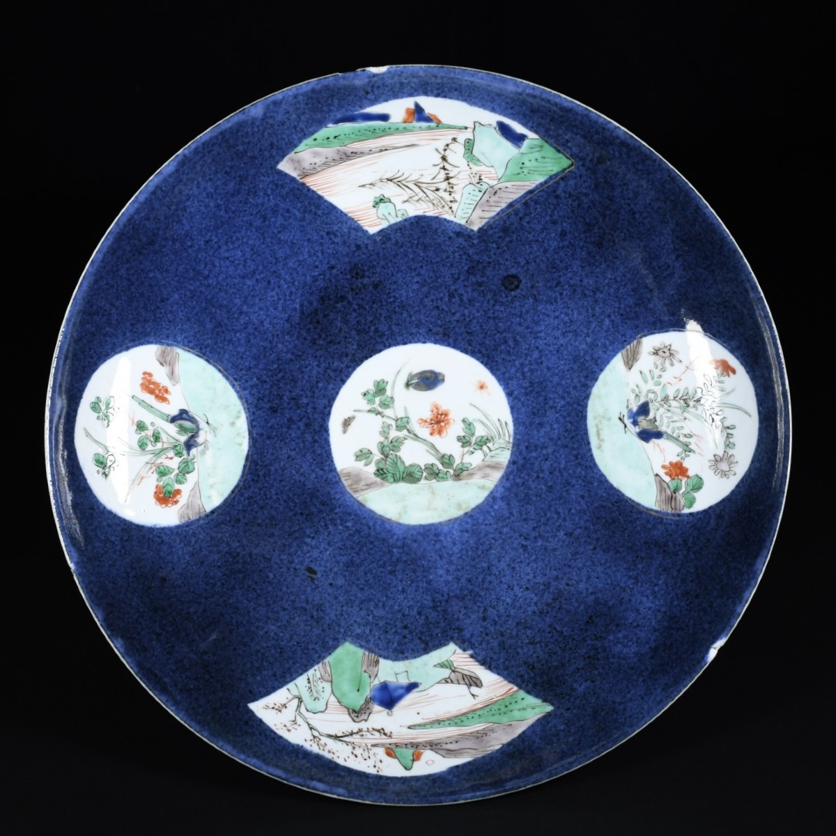 Large "powder Blue" Porcelain Saucer With Landscape Decoration - China 18th Kangxi Period