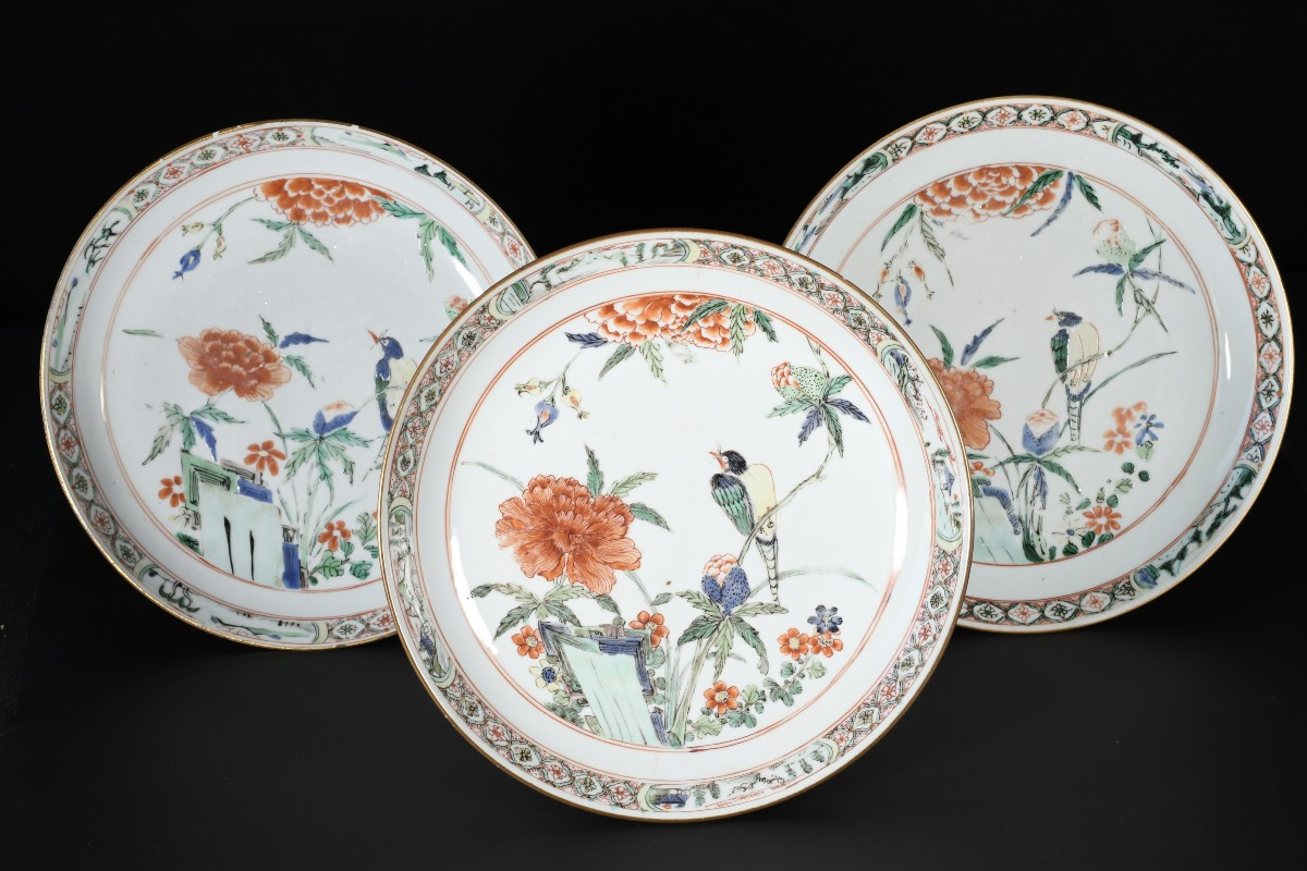 Three Famille Verte Enamel Saucers Decorated With Birds - China, 18th Century, Kangxi Period