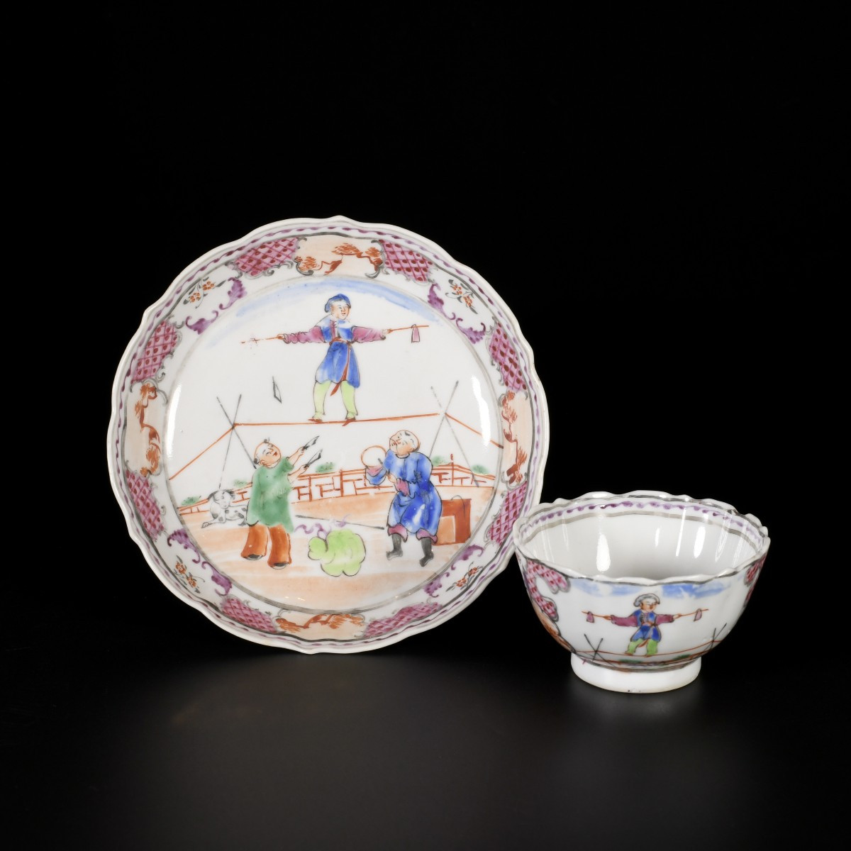 A "large" Acrobats" Cup And Saucer - China, 18th Century, Qianlong Period