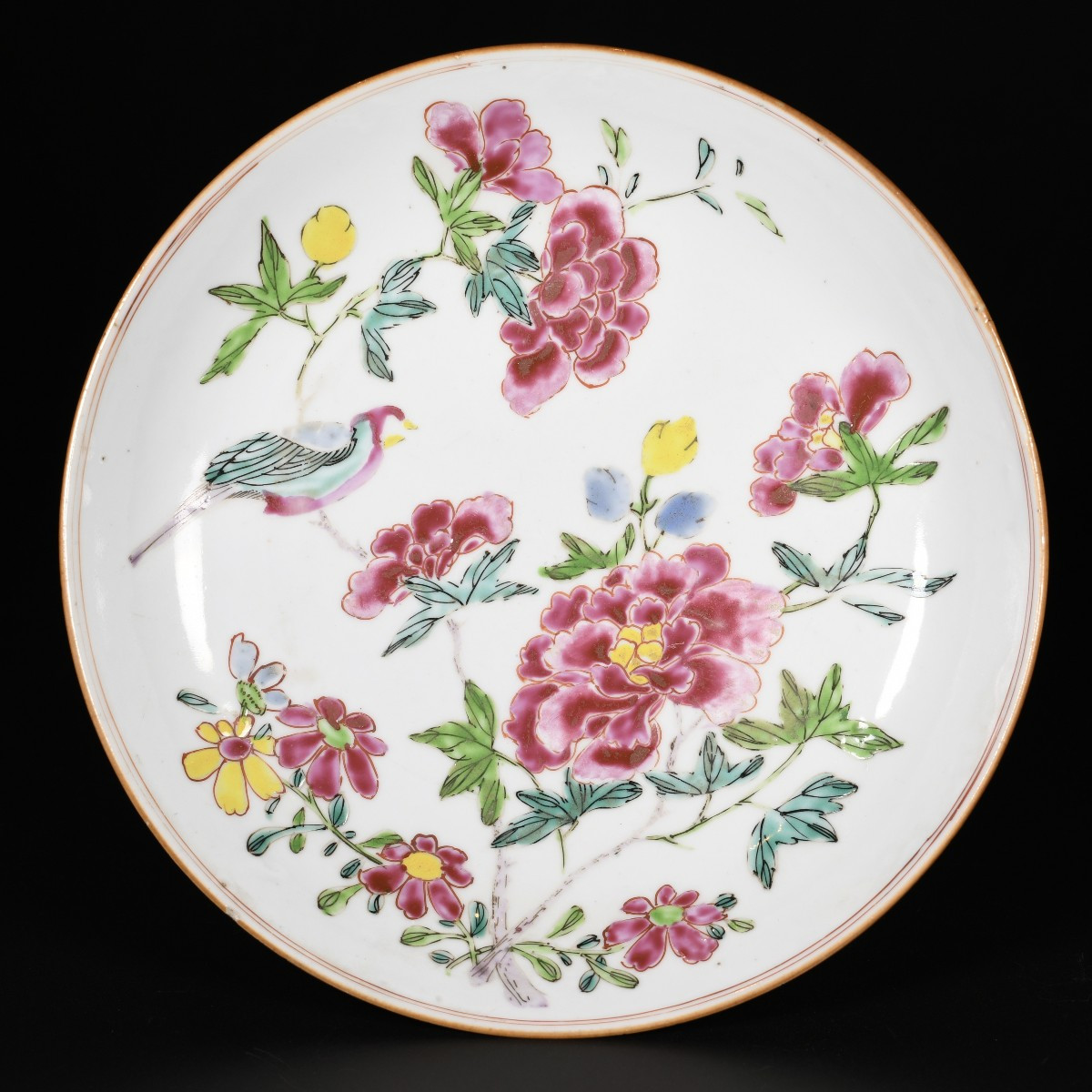 A Famille Rose And Capucin Saucer Decorated With Bird And Peonies - China, 18th Qianlong Period