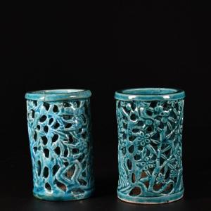 Ensemble De Deux Pots à Pinceaux à Glaçure Turquoise - Chine XVIIIe Période Kangxi