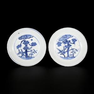 A Pair Of “three Friends Of Winter” Blue And White Saucers - China, 17th, Wanli Period