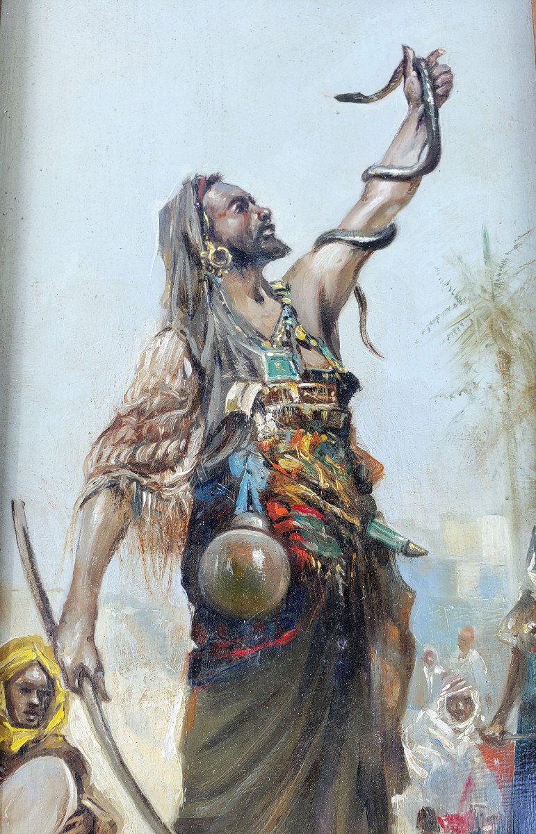 Orientalist Oil On Panel Snake Charmer Nineteenth-photo-4