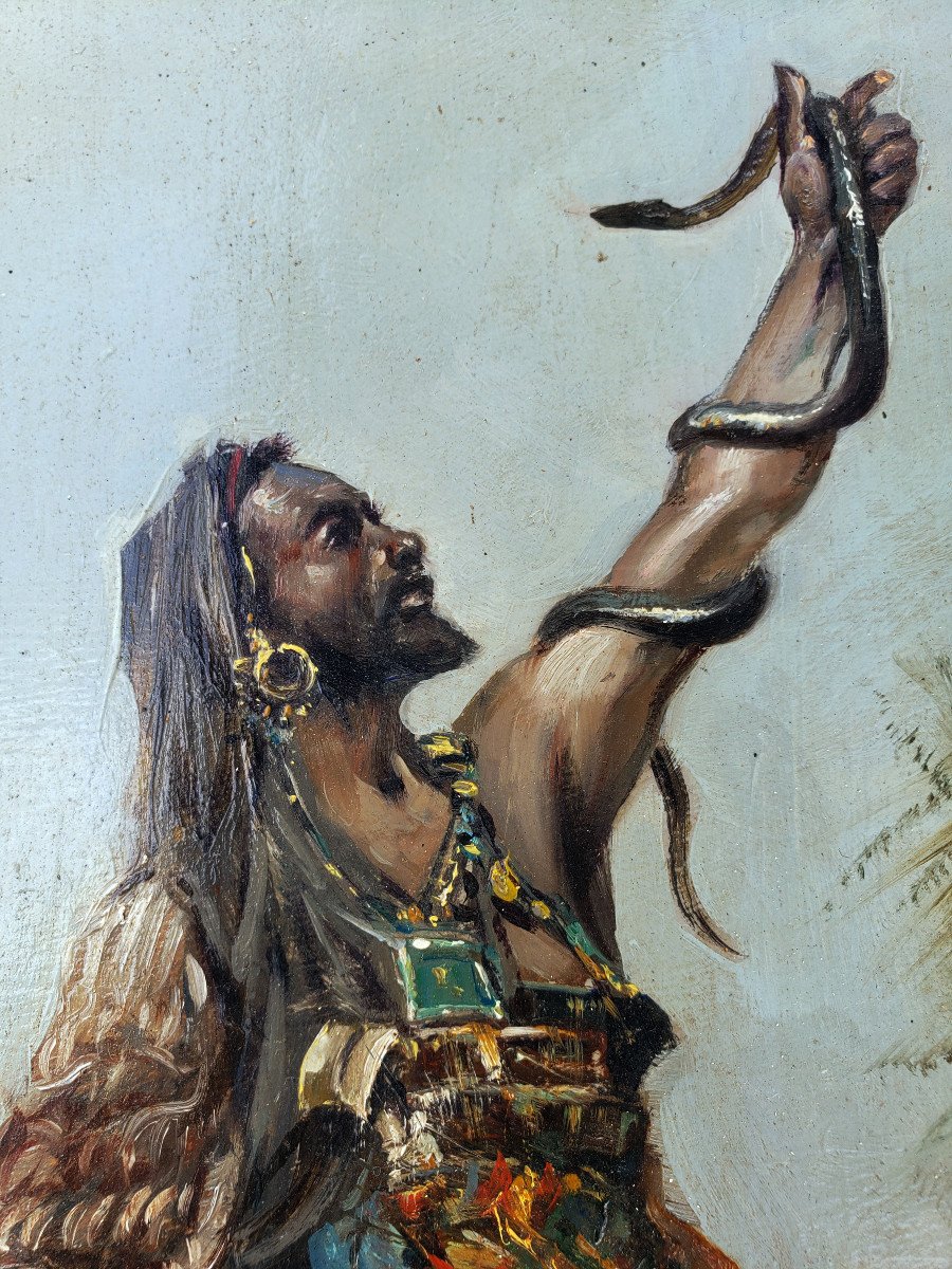 Orientalist Oil On Panel Snake Charmer Nineteenth-photo-4