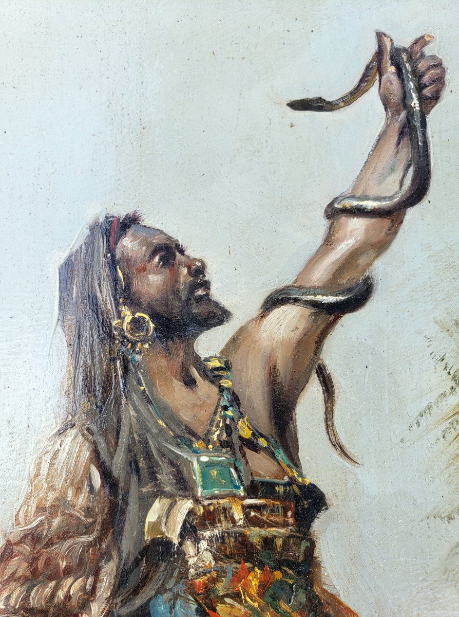 Orientalist Oil On Panel Snake Charmer Nineteenth-photo-6