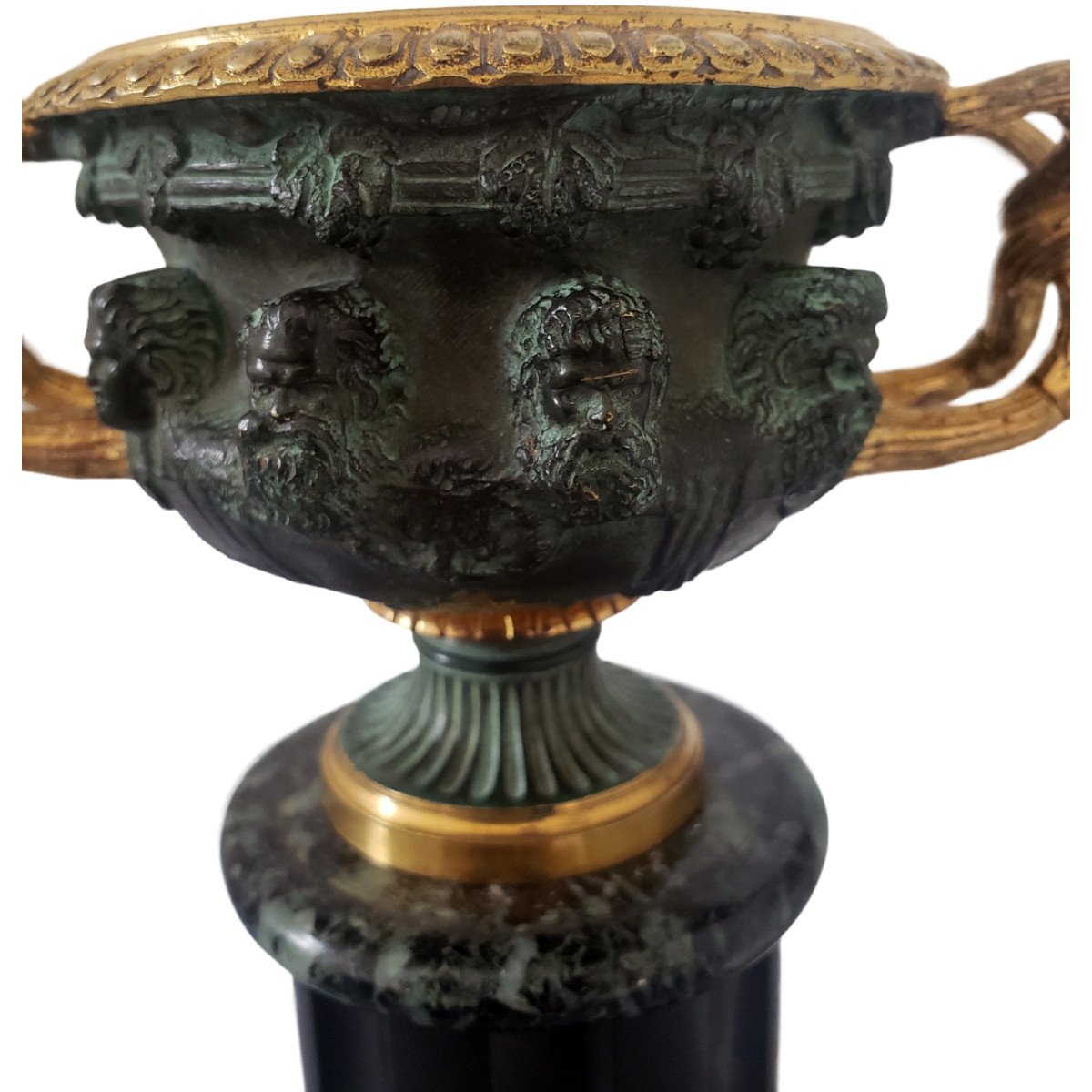 Tazza vase Warwick Sur Piédestal Grand Tour Bronze Deux Patines Et Marbre XIXeme-photo-2