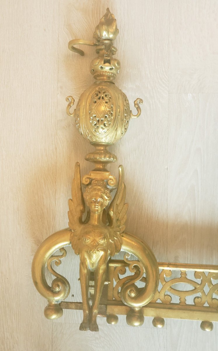 Paire De Chenets En Bronze Doré Avec Barre De Cheminée XIXème D’époque Empire -photo-3