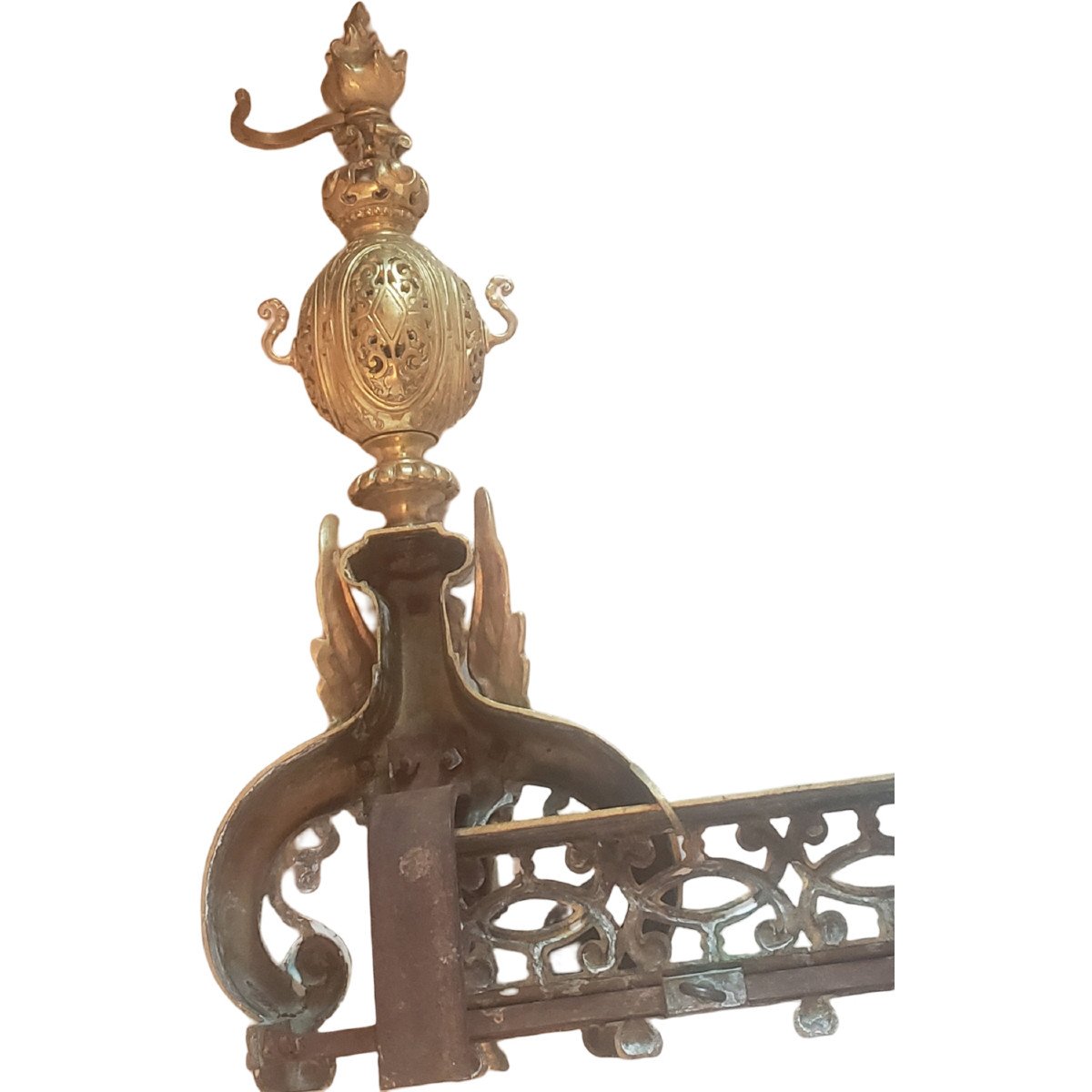 Paire De Chenets En Bronze Doré Avec Barre De Cheminée XIXème D’époque Empire -photo-4