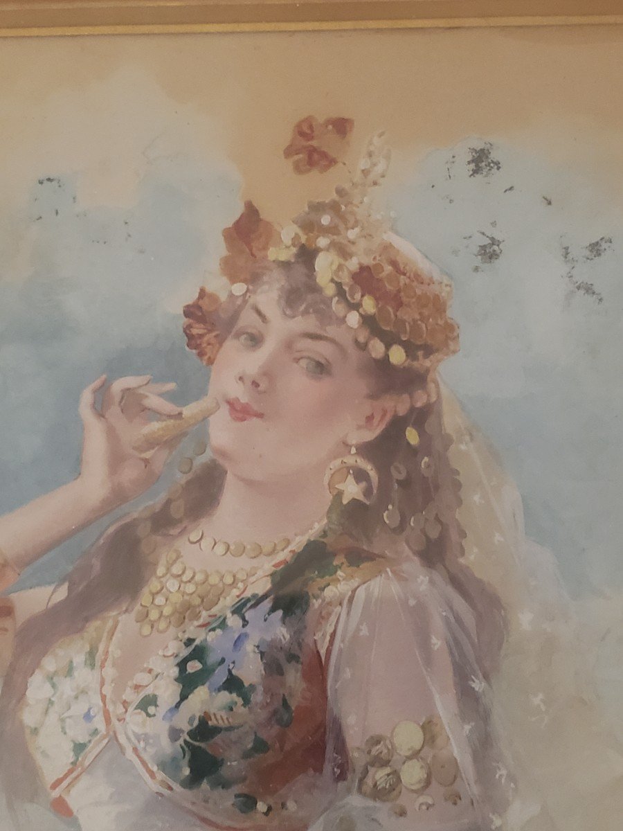 A.leroux Aquarelle Orientaliste Femme De Profil -photo-6