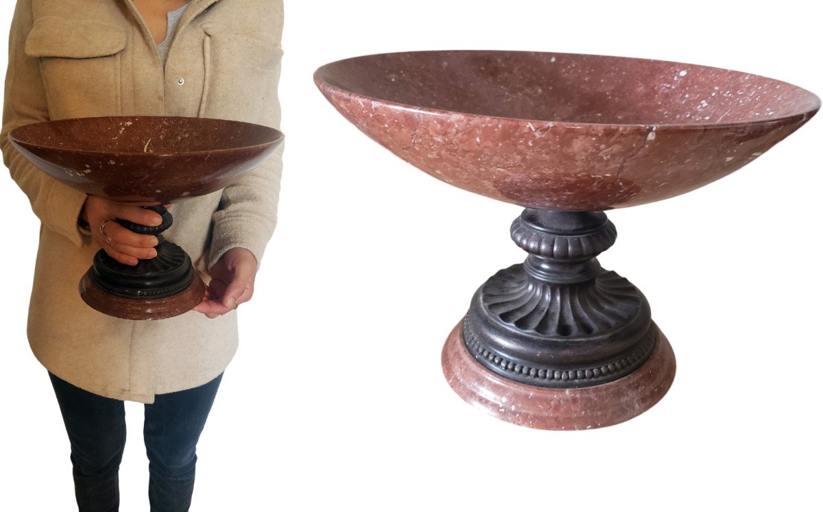 Important Neoclassical Italian Tazza Cup In Red Marble And Bronze XIXth