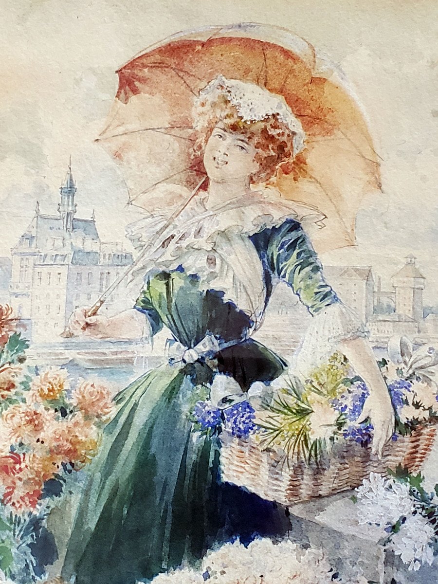 Flower Seller Watercolor Louis Boucher Circa 1900-photo-1